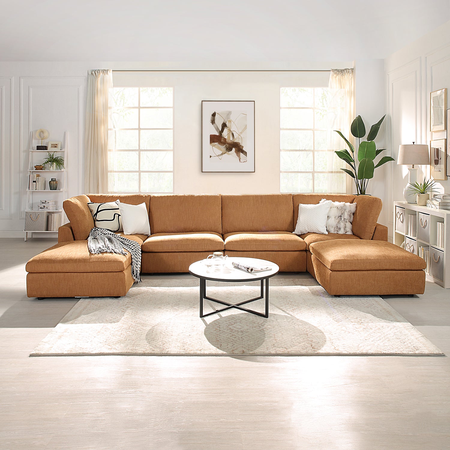Cloud Tan Linen 4-Seat Sofa with Ottoman