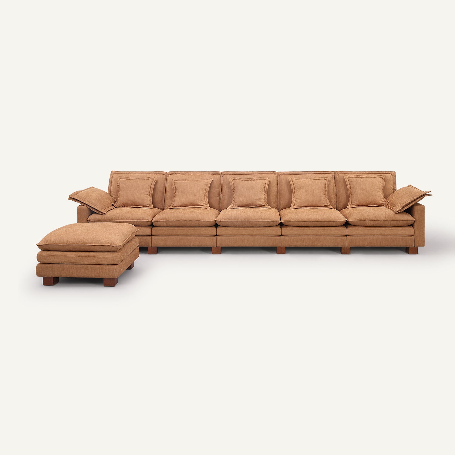 Stacked Tan Linen 5-Seat Sofa with Ottoman