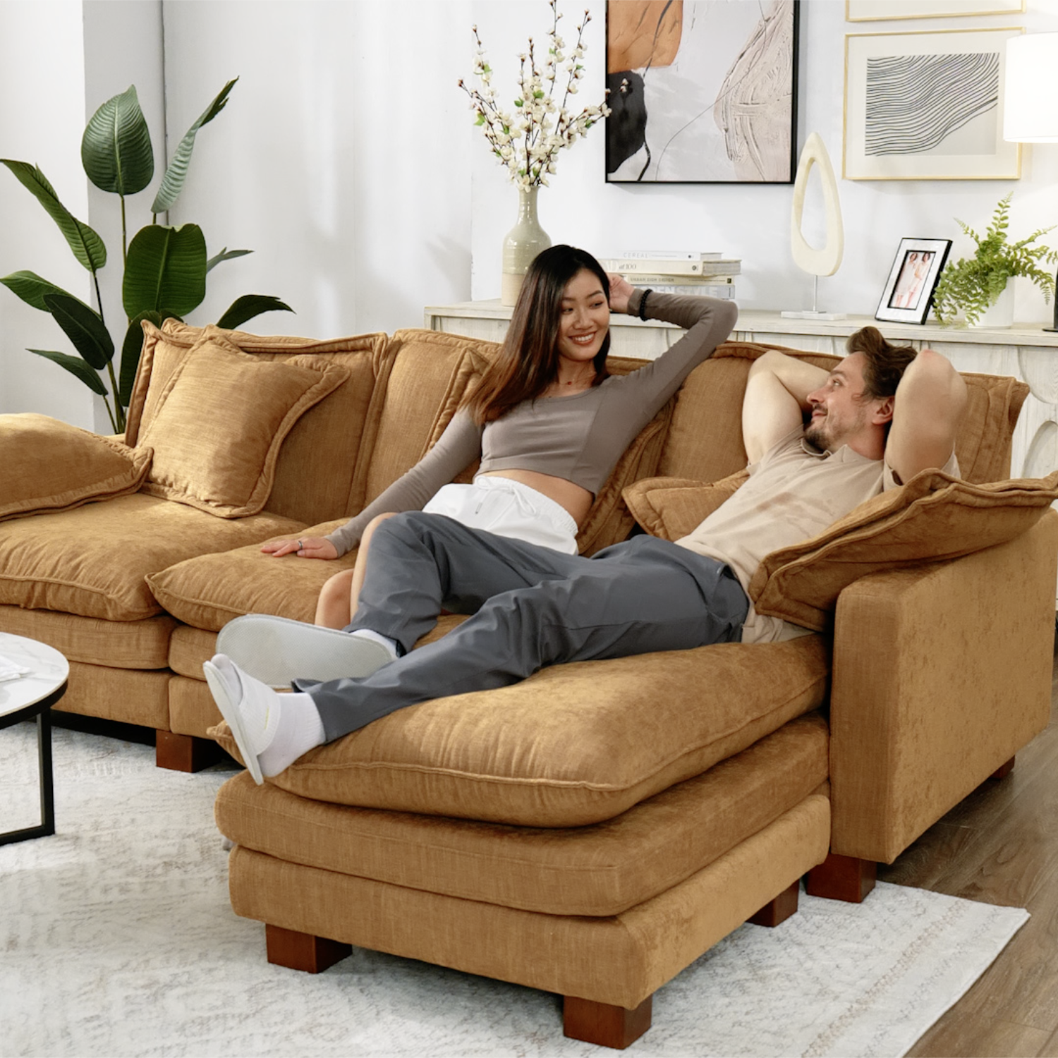The Ultimate Relaxation - Mojuraa Stacked Tan Linen Sofa: Stack Up Your Dream Comfort