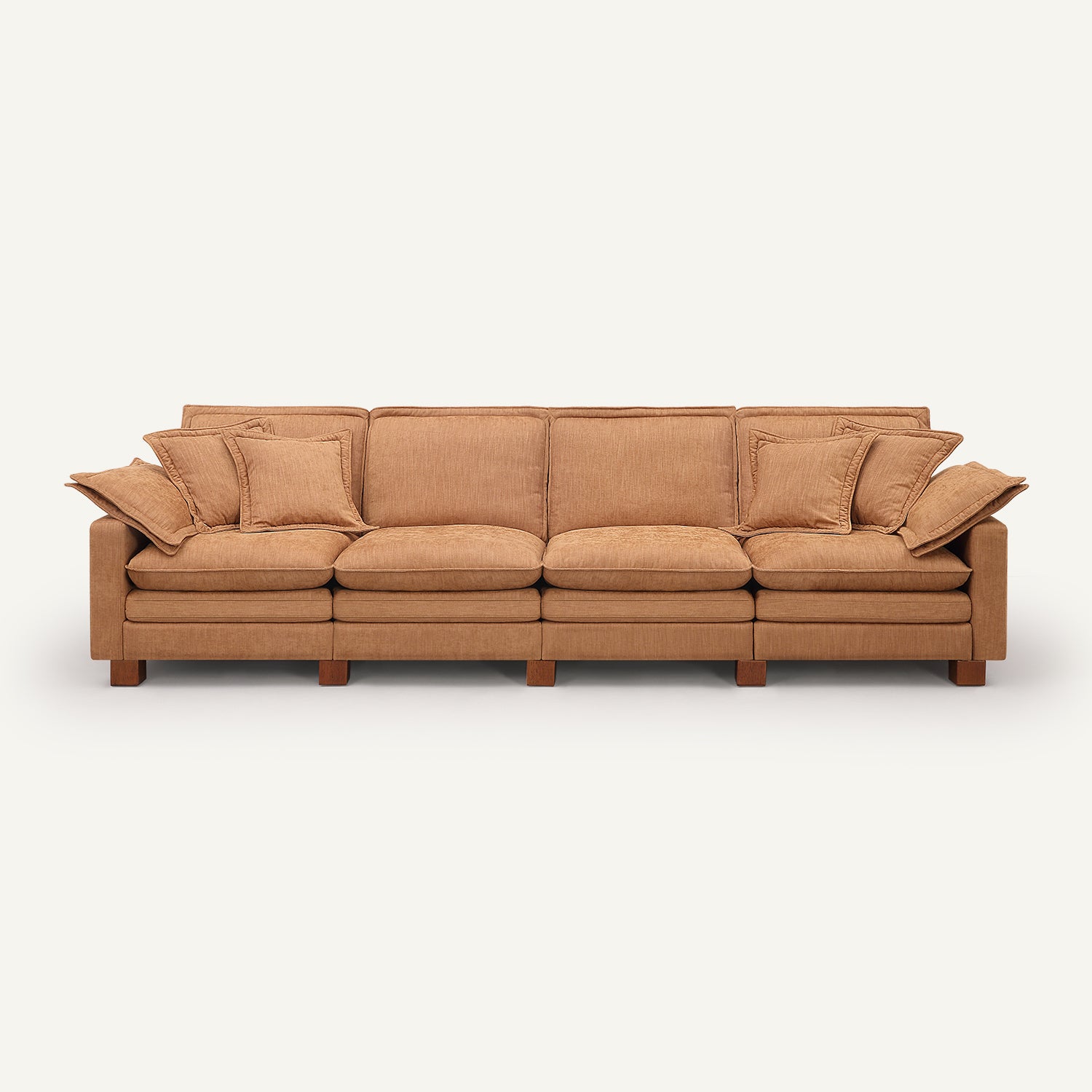 Stacked Tan Linen 4-Seat Sofa with Double Ottomans