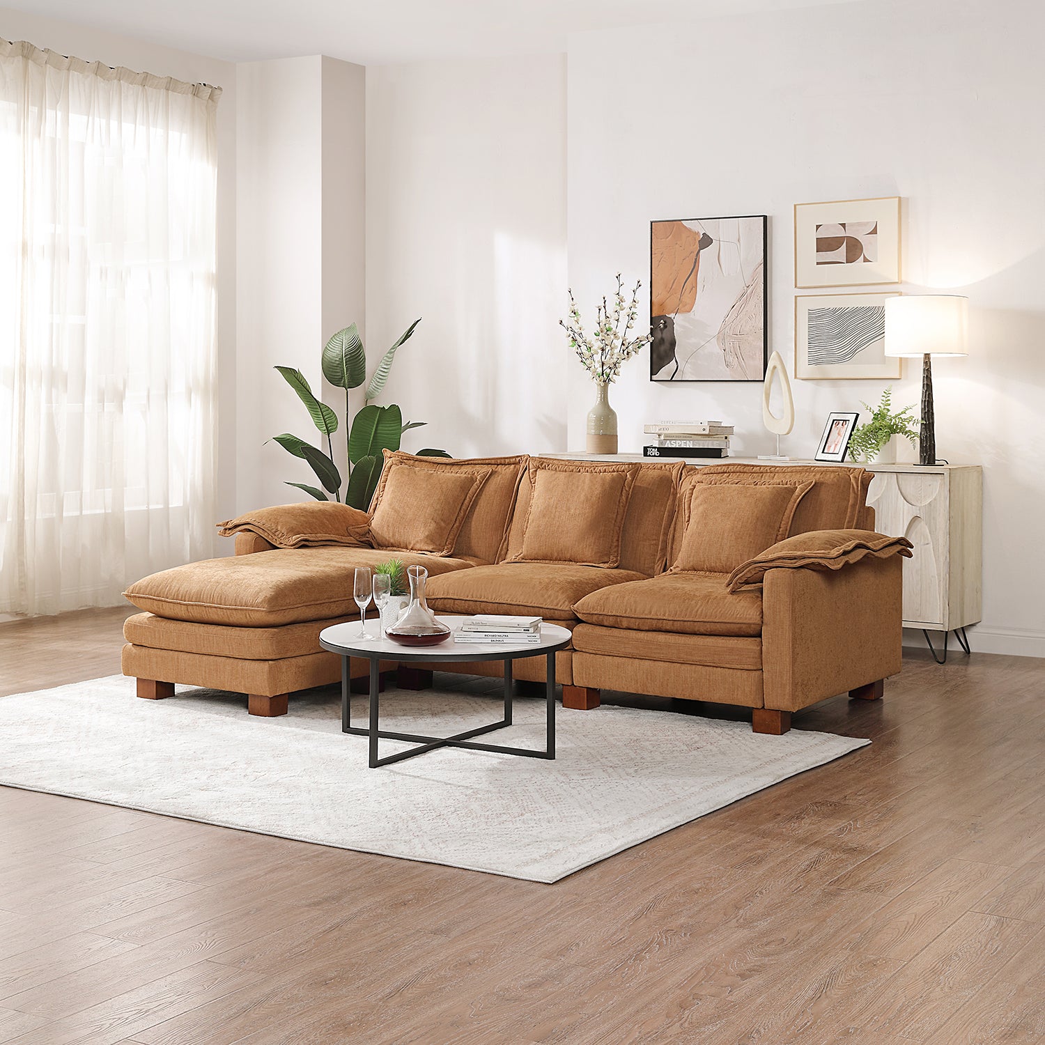 Stacked Tan Linen Fabric Custom Sectional Modular Sofa