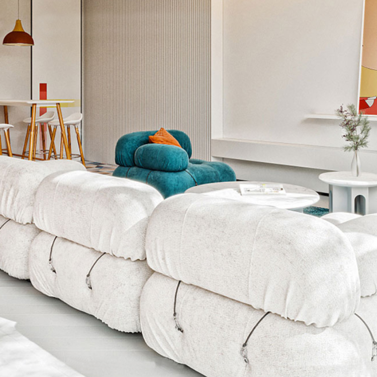 Cream White Boucle Wool Fabric Tufted Modular Sofa