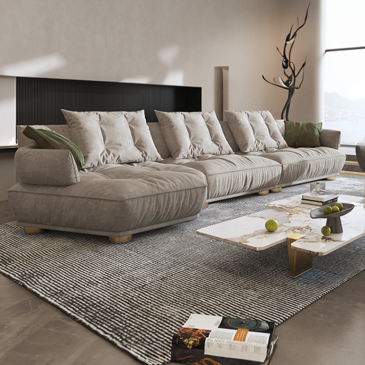 Cream Gray Sanded Suede Shell Design Sectional Sofa