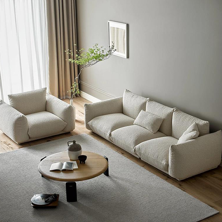 Cream White Boucle Fabric Comfy Sectional Sofa