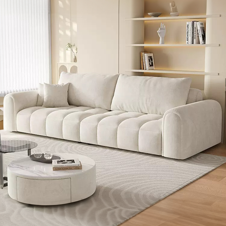 Cream White Microfibre Channeled Tufted Sectional Sofa