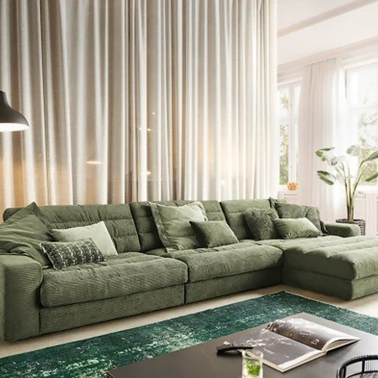 Cream Corduroy Fabric Dark Green Modern Chaise Sectional Sofa