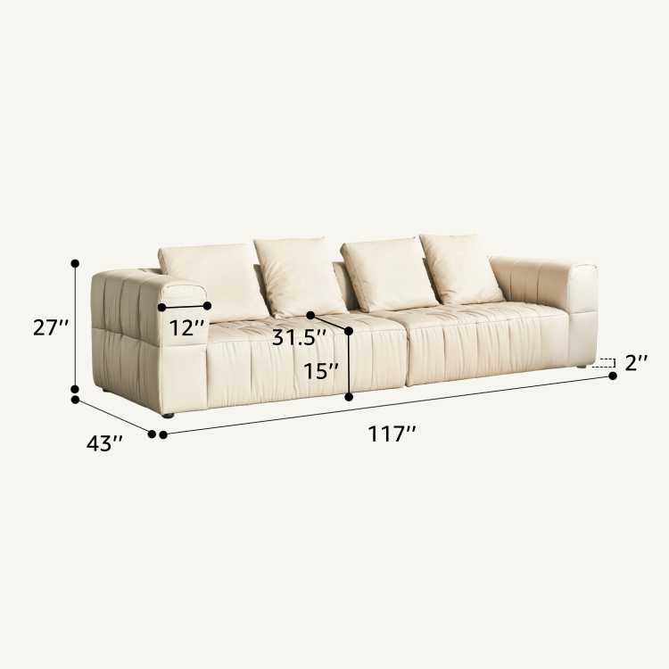 Cream White Minimalist Top Grain Leather Chaise Sectional Sofa