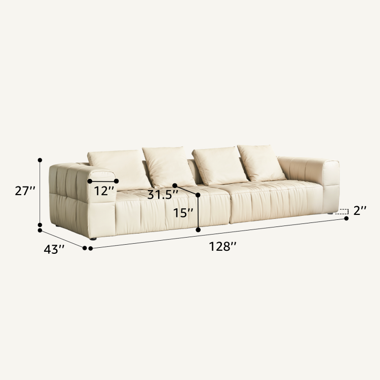 Cream White Minimalist Top Grain Leather Chaise Sectional Sofa