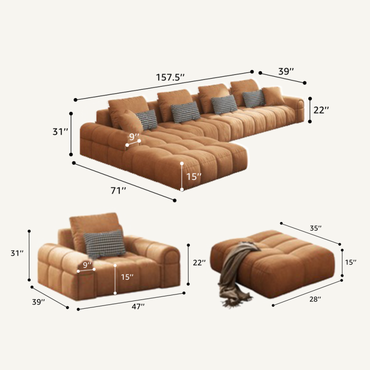 Cuboid Sanded Suede Caramel Brown Tufted Modular Sofa