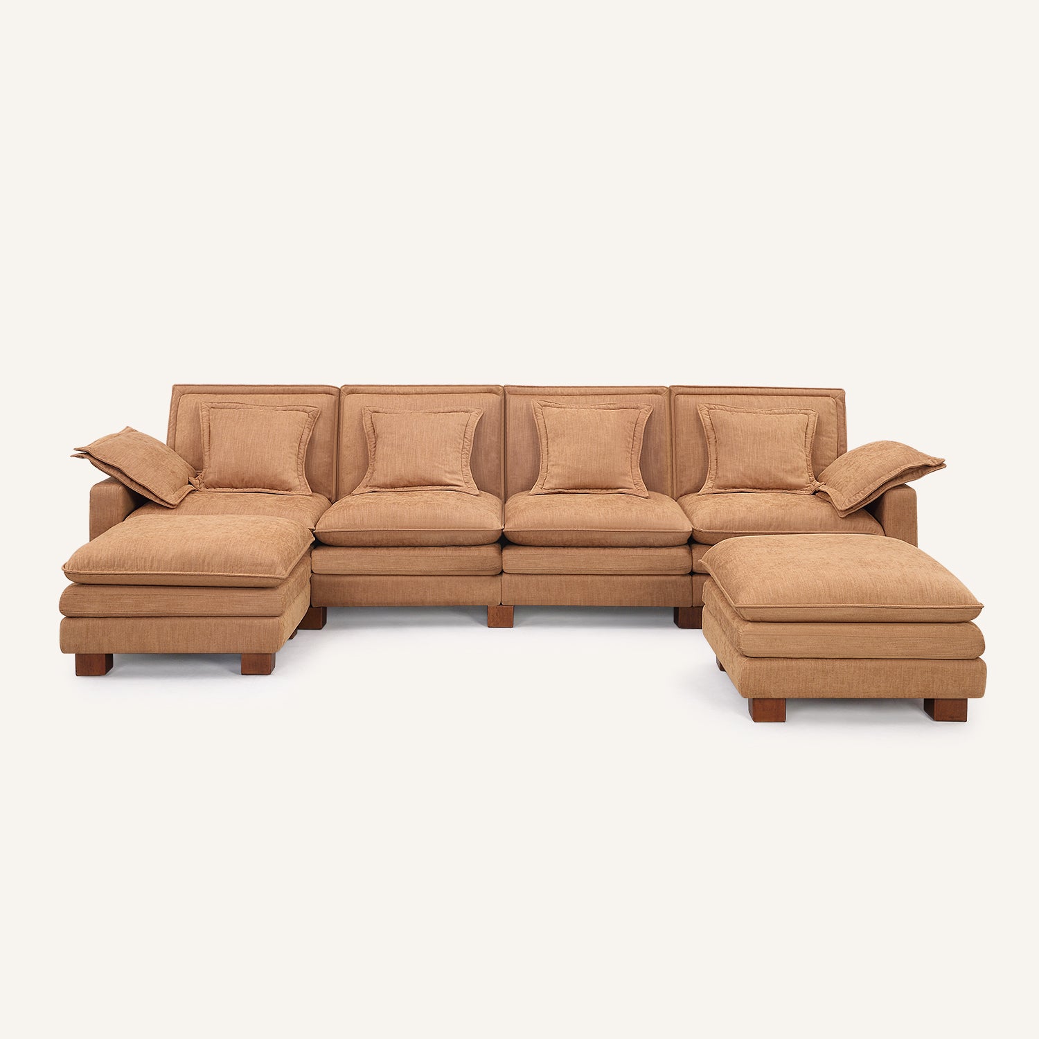 Stacked Tan Linen 4-Seat Sofa with Double Ottomans