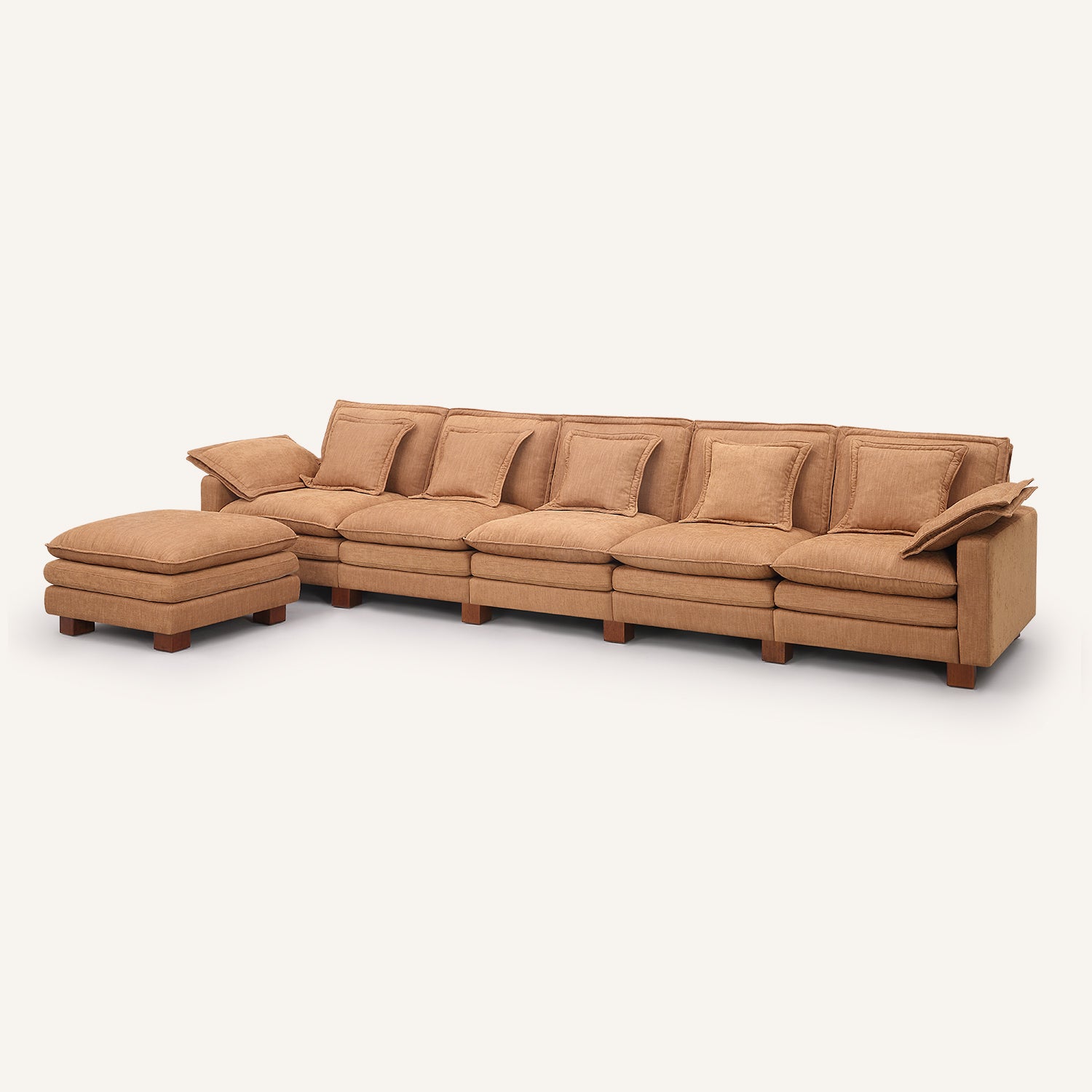 Stacked Tan Linen 5-Seat Sofa with Ottoman