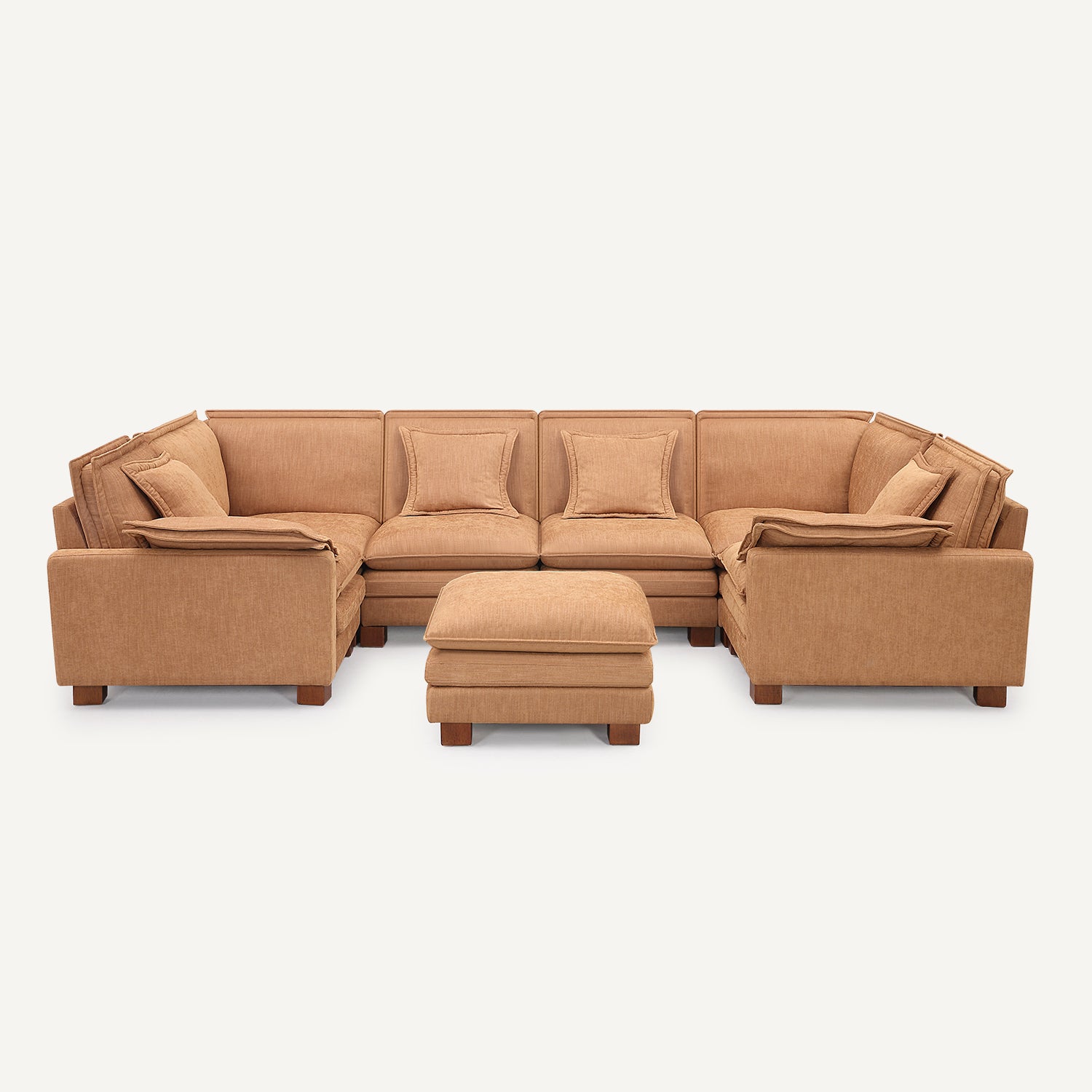 Stacked Tan Linen 6-Seat U Sectional with Ottoman