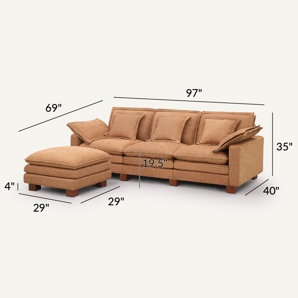 Stacked Tan Linen 3-Seat Sofa