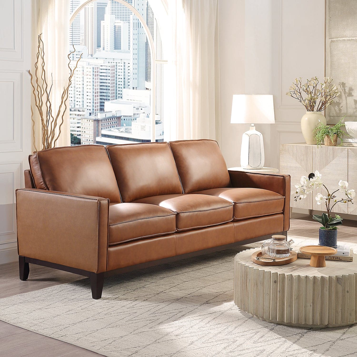 Pimlico Camel Brown Top Grain Leather 3-Seater Sofa with Ottoman