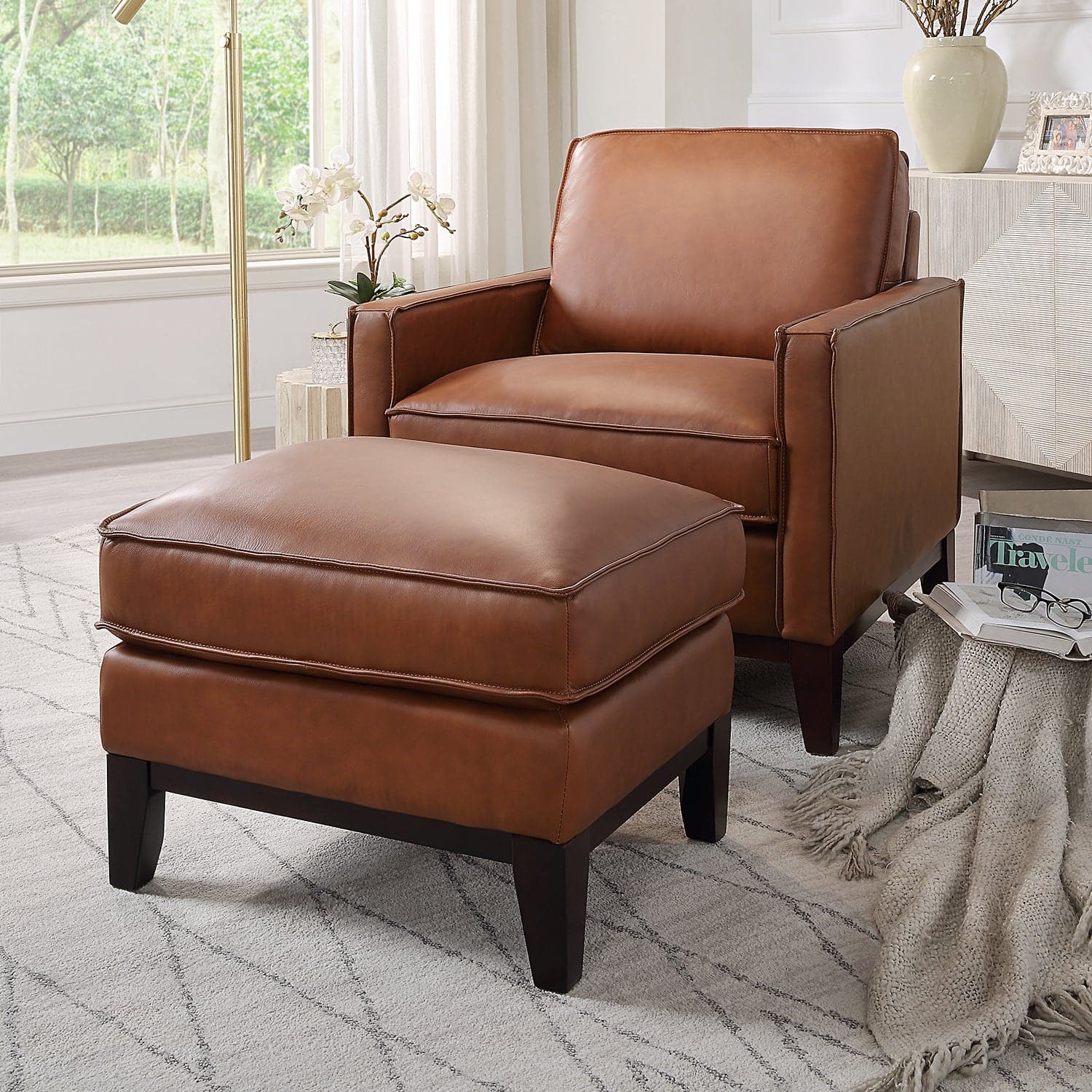 Pimlico Camel Brown Top Grain Leather Accent Chair with Ottoman