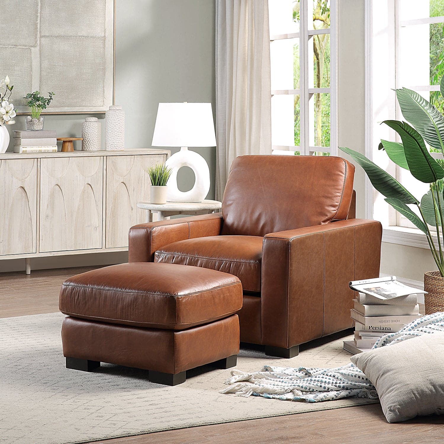 Randall Chestnut Brown Oil Wax Leather Accent Chair with Ottoman