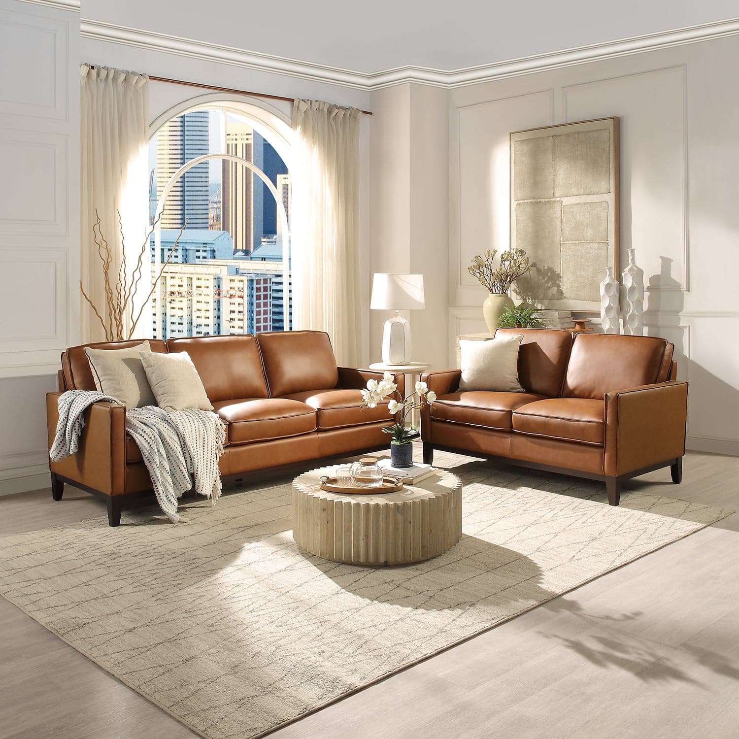 Pimlico Camel Brown Top Grain Leather 3-Seater Sofa with Ottoman